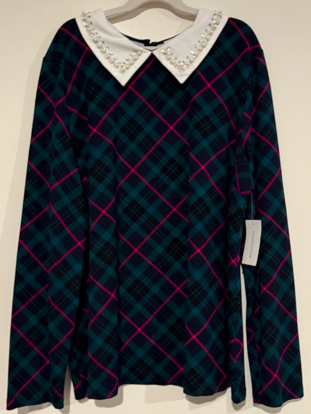 Charter Club Embellished-Collar Plaid Top Size Large